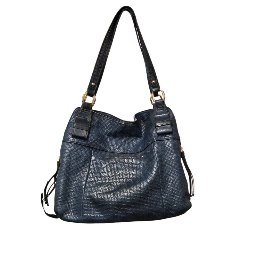 B. Makowsky Genuine Leather Slouch Hobo Shouder Bag And Card Case Textured Blue - Picture 3 of 13